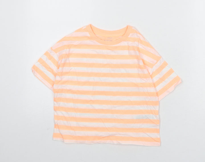 Marks and Spencer Boys Orange Striped Cotton Basic T-Shirt Size 7-8 Years Round Neck Pullover