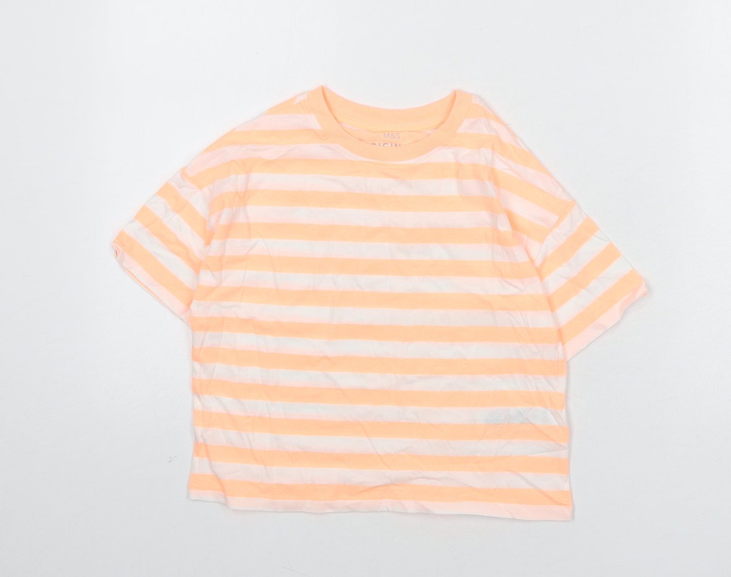 Marks and Spencer Boys Orange Striped Cotton Basic T-Shirt Size 7-8 Years Round Neck Pullover