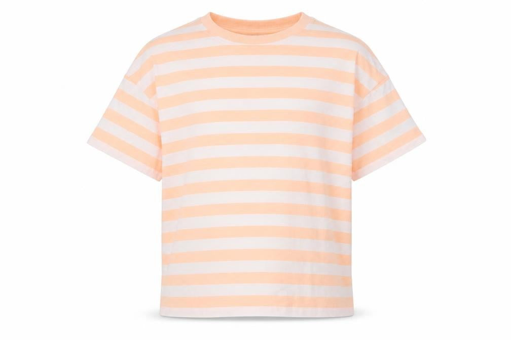 Front view of Marks & Spencer boys’ orange striped cotton basic t-shirt, size 7-8, years round neck pullover