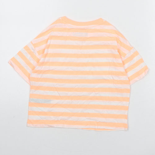 Marks and Spencer Boys Orange Striped Cotton Basic T-Shirt Size 7-8 Years Round Neck Pullover