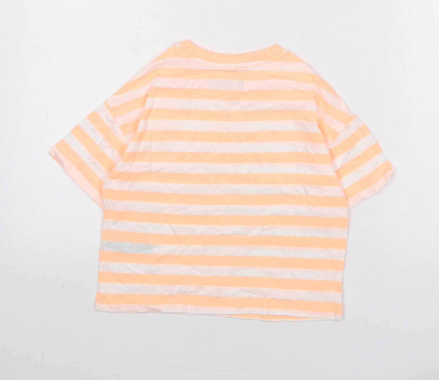 Marks and Spencer Boys Orange Striped Cotton Basic T-Shirt Size 7-8 Years Round Neck Pullover