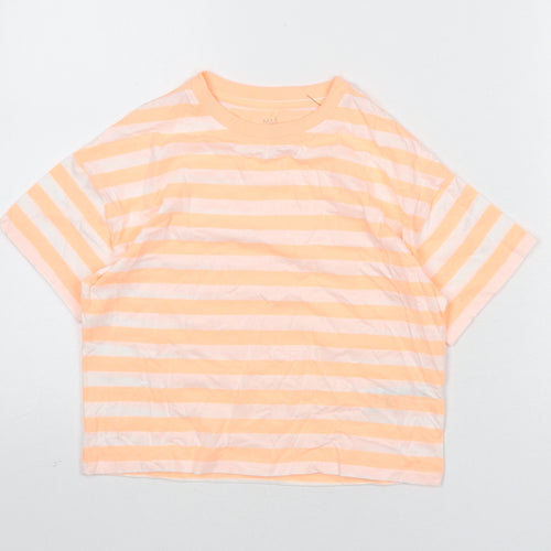 Marks and Spencer Boys Orange Striped Cotton Basic T-Shirt Size 8-9 Years Round Neck Pullover