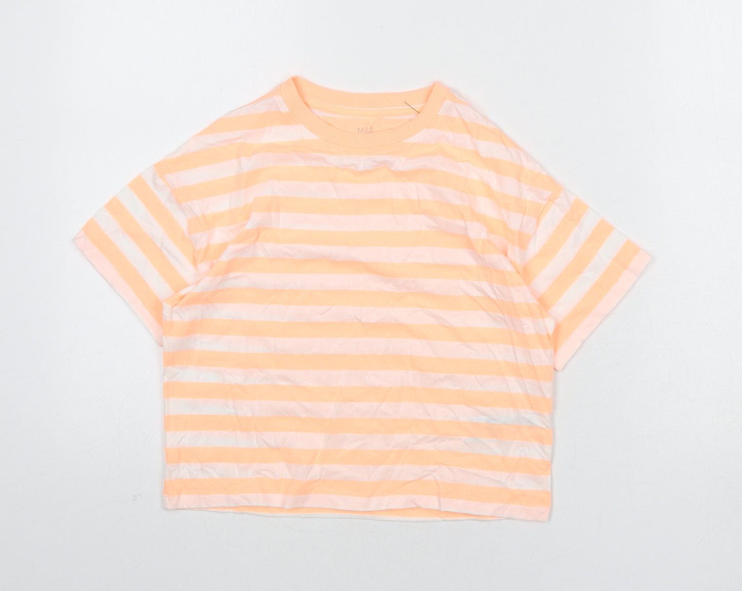 Marks and Spencer Boys Orange Striped Cotton Basic T-Shirt Size 8-9 Years Round Neck Pullover