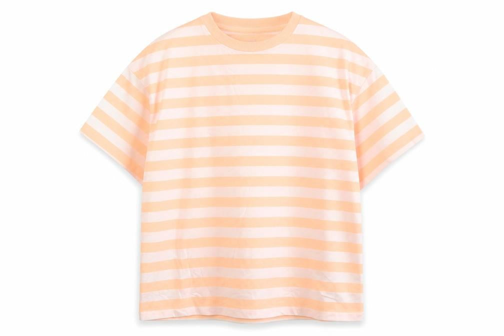 Front view of Marks & Spencer boys’ orange striped cotton basic t-shirt, size 8-9, years round neck pullover
