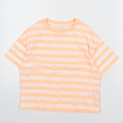 Marks and Spencer Boys Orange Striped Cotton Basic T-Shirt Size 9-10 Years Round Neck Pullover