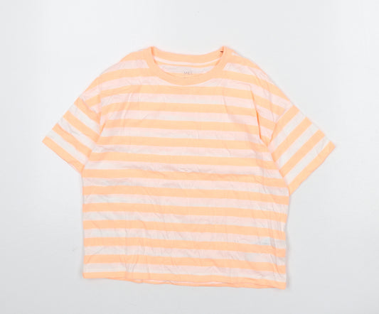 Marks and Spencer Boys Orange Striped Cotton Basic T-Shirt Size 9-10 Years Round Neck Pullover