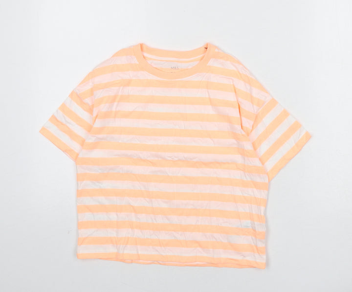 Marks and Spencer Boys Orange Striped Cotton Basic T-Shirt Size 9-10 Years Round Neck Pullover