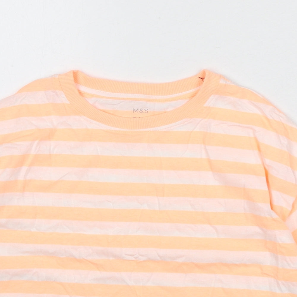 Marks and Spencer Boys Orange Striped Cotton Basic T-Shirt Size 9-10 Years Round Neck Pullover