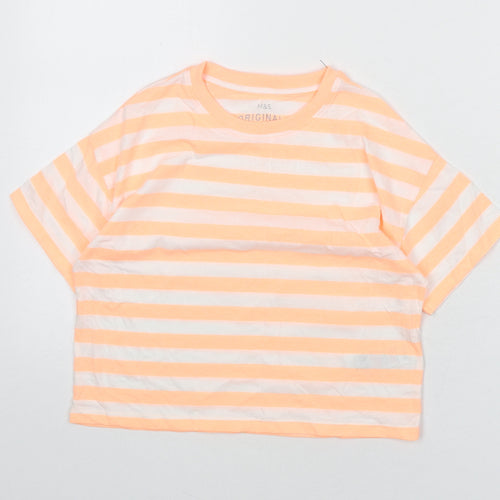 Marks and Spencer Boys Orange Striped Cotton Basic T-Shirt Size 8-9 Years Round Neck Pullover