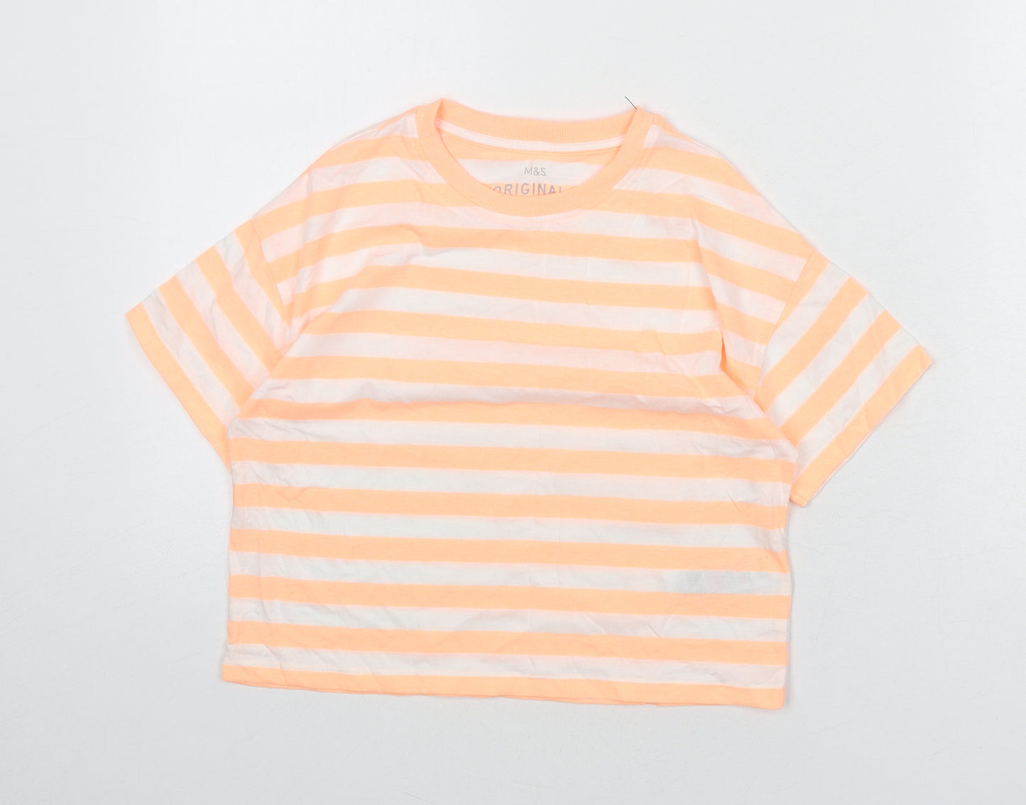 Marks and Spencer Boys Orange Striped Cotton Basic T-Shirt Size 8-9 Years Round Neck Pullover