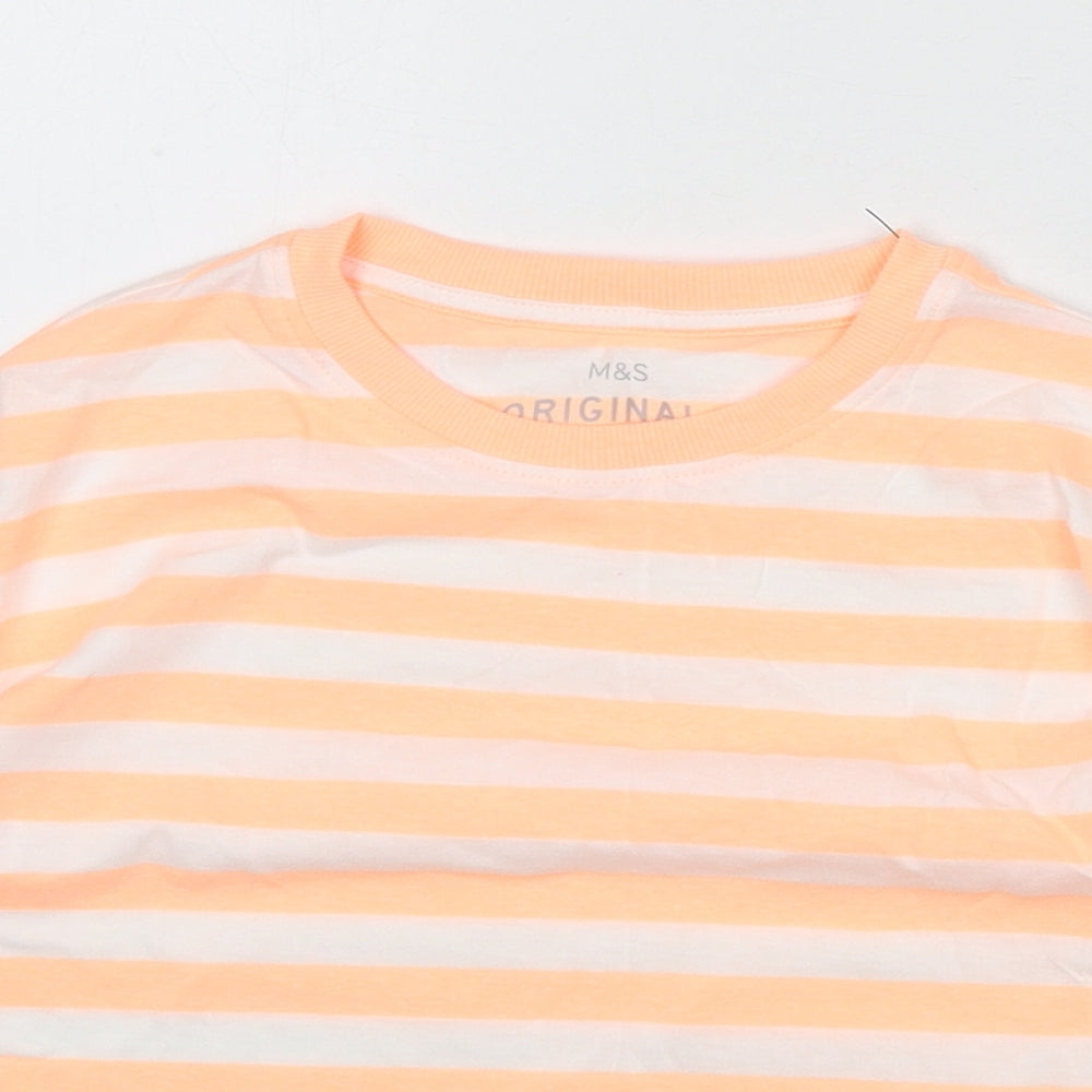 Marks and Spencer Boys Orange Striped Cotton Basic T-Shirt Size 8-9 Years Round Neck Pullover