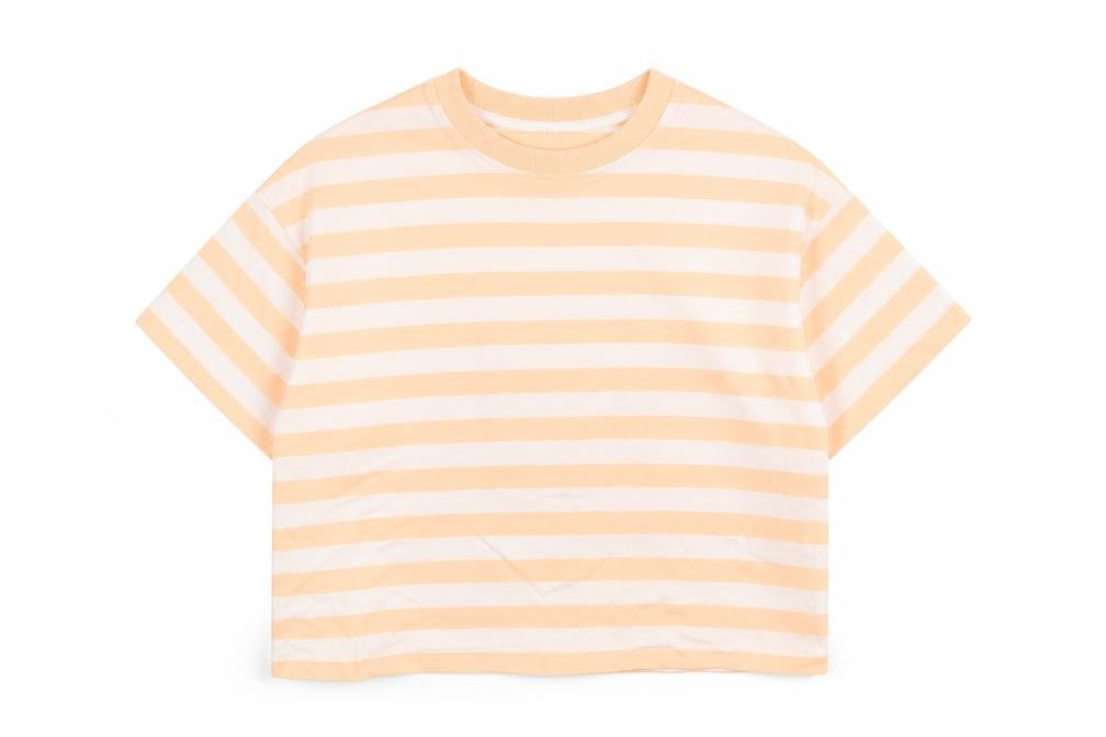 Front view of Marks & Spencer boys’ orange striped cotton basic t-shirt, size 7-8, years round neck pullover