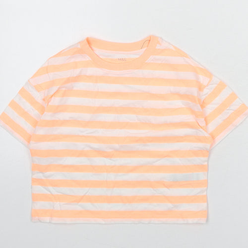 Marks and Spencer Boys Orange Striped Cotton Basic T-Shirt Size 6-7 Years Round Neck Pullover