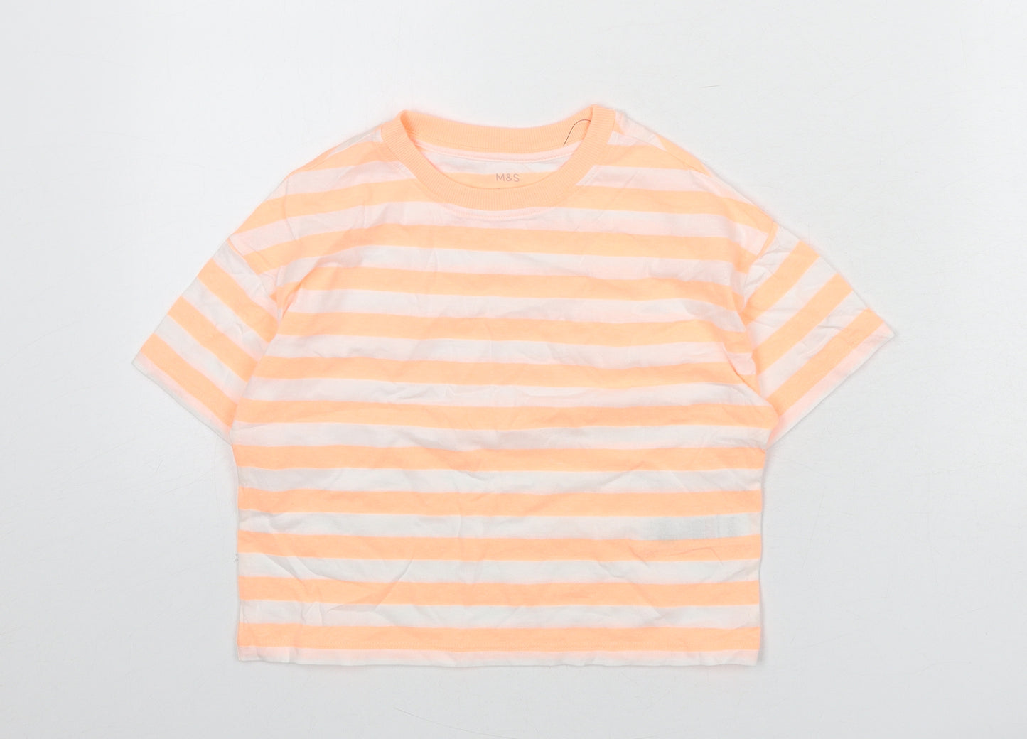 Marks and Spencer Boys Orange Striped Cotton Basic T-Shirt Size 6-7 Years Round Neck Pullover