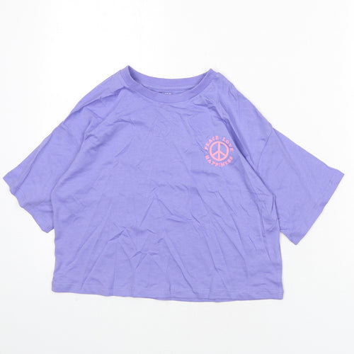 Marks and Spencer Girls Purple 100% Cotton Cropped T-Shirt Size 8-9 Years Round Neck Pullover - Peace Love Happiness