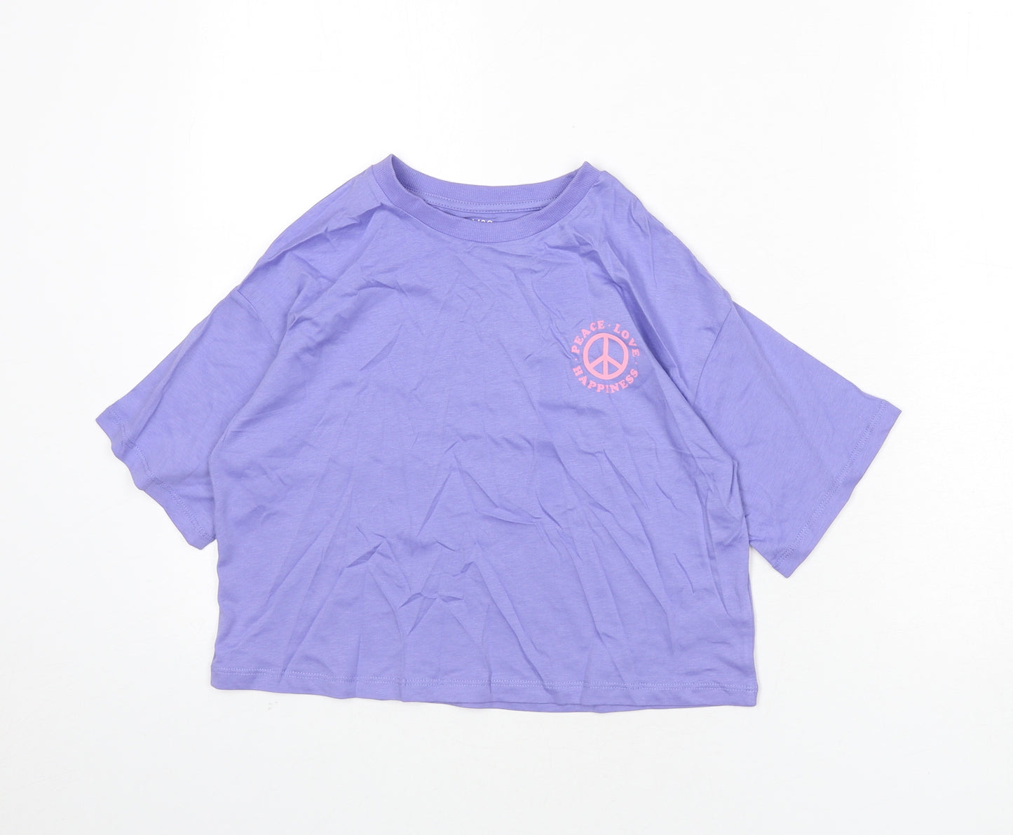 Marks and Spencer Girls Purple 100% Cotton Cropped T-Shirt Size 8-9 Years Round Neck Pullover - Peace Love Happiness