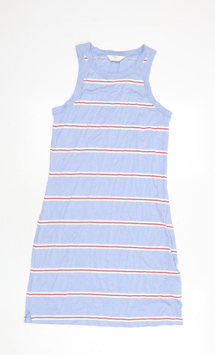 Marks and Spencer Womens Blue Striped Cotton Tank Dress Size S Round Neck Pullover