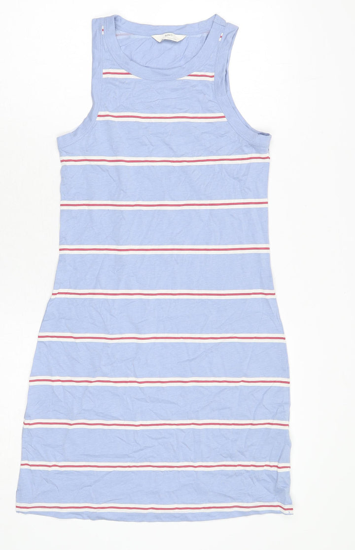 Marks and Spencer Womens Blue Striped Cotton Tank Dress Size S Round Neck Pullover