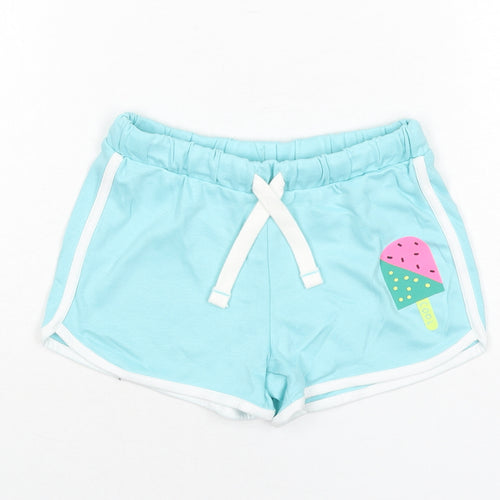 Marks and Spencer Girls Blue Cotton Sweat Shorts Size 6-7 Years Regular Drawstring - Cool, Ice-lolly