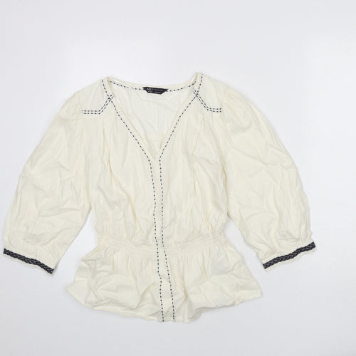 Marks and Spencer Womens Ivory 100% Cotton Basic Blouse Size 10 V-Neck - Embroidered Detail