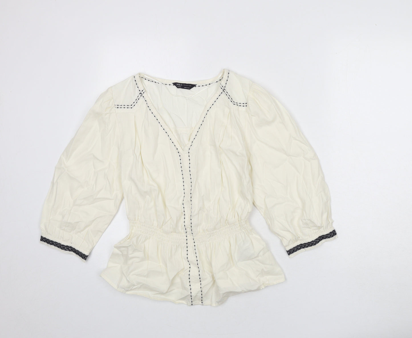 Marks and Spencer Womens Ivory 100% Cotton Basic Blouse Size 10 V-Neck - Embroidered Detail