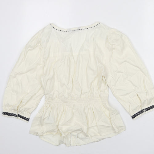 Marks and Spencer Womens Ivory 100% Cotton Basic Blouse Size 10 V-Neck - Embroidered Detail