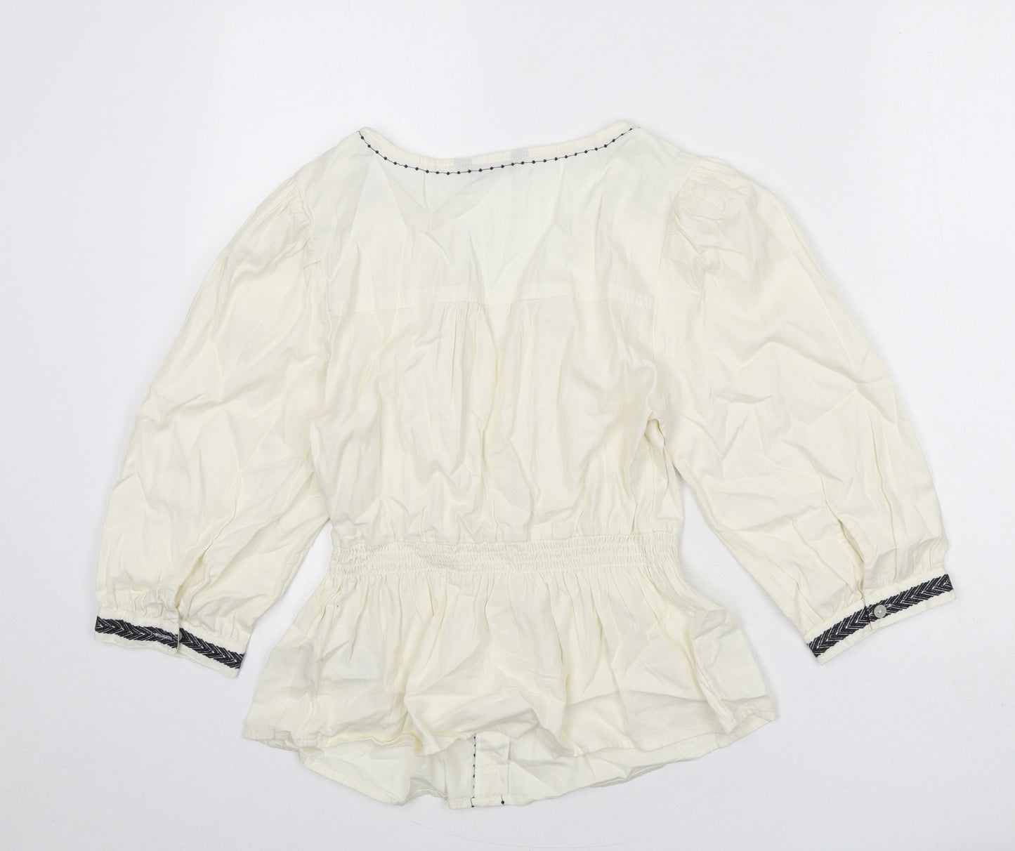 Marks and Spencer Womens Ivory 100% Cotton Basic Blouse Size 10 V-Neck - Embroidered Detail