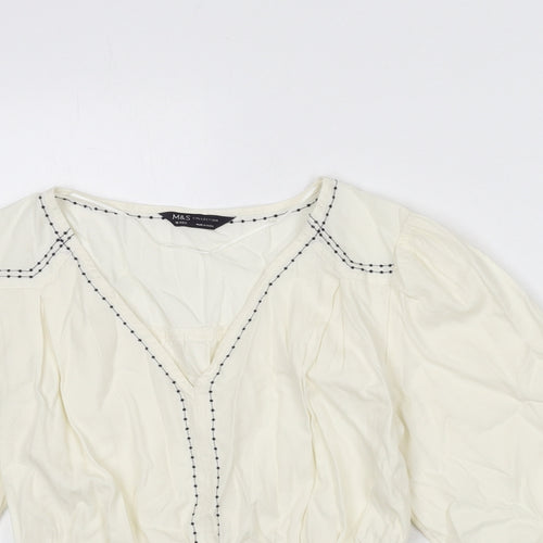Marks and Spencer Womens Ivory 100% Cotton Basic Blouse Size 10 V-Neck - Embroidered Detail