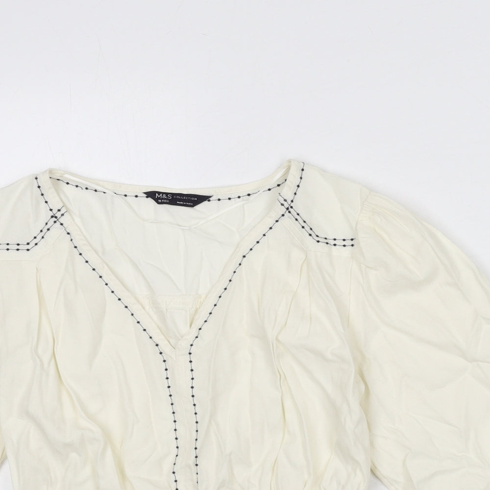 Marks and Spencer Womens Ivory 100% Cotton Basic Blouse Size 10 V-Neck - Embroidered Detail