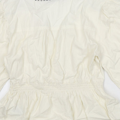Marks and Spencer Womens Ivory 100% Cotton Basic Blouse Size 10 V-Neck - Embroidered Detail