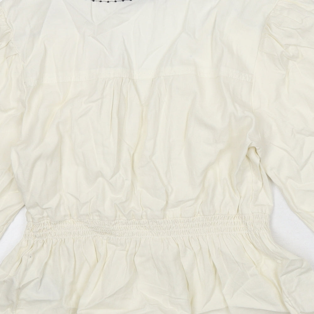 Marks and Spencer Womens Ivory 100% Cotton Basic Blouse Size 10 V-Neck - Embroidered Detail