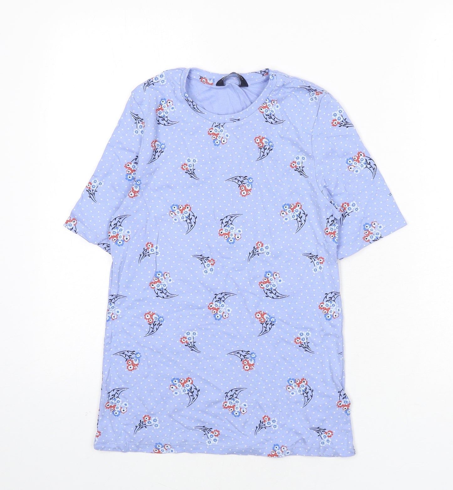 Marks and Spencer Womens Blue Polka Dot Cotton Basic T-Shirt Size 12 Round Neck - Flowers