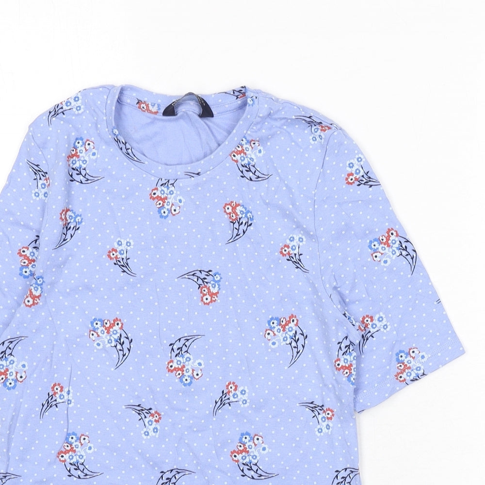 Marks and Spencer Womens Blue Polka Dot Cotton Basic T-Shirt Size 12 Round Neck - Flowers