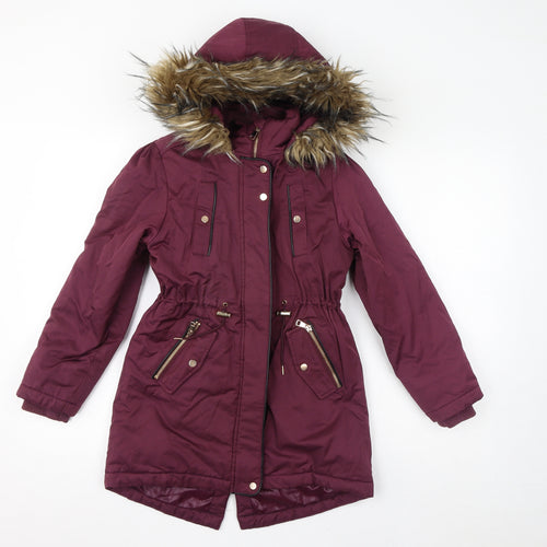 NEXT Girls Red Parka Coat Size 10 Years Zip - Fleece Lined, Faux Fur Hood