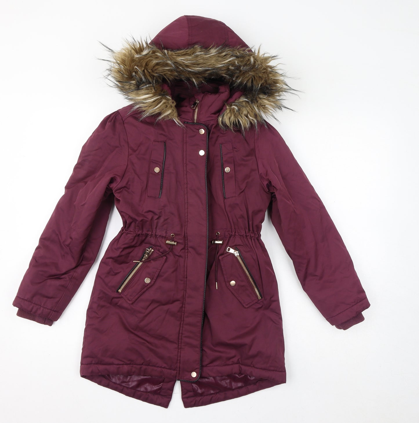 NEXT Girls Red Parka Coat Size 10 Years Zip - Fleece Lined, Faux Fur Hood