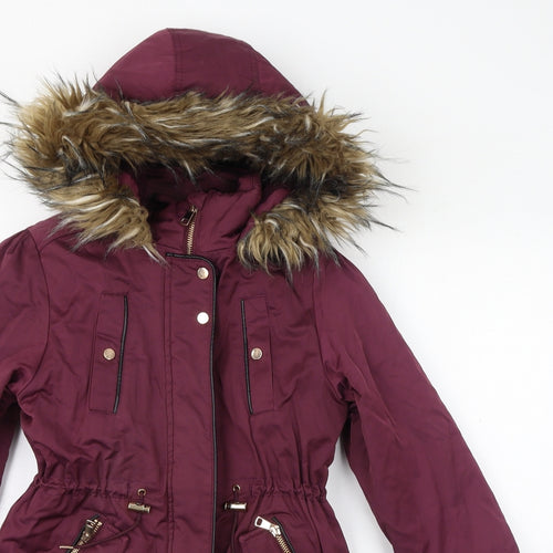 NEXT Girls Red Parka Coat Size 10 Years Zip - Fleece Lined, Faux Fur Hood