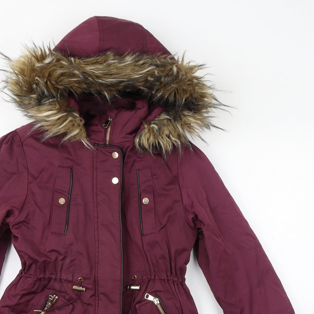 NEXT Girls Red Parka Coat Size 10 Years Zip - Fleece Lined, Faux Fur Hood