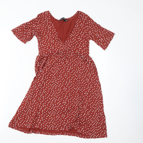PRETTYLITTLETHING Womens Brown Polka Dot Viscose A-Line Size 8 V-Neck Tie