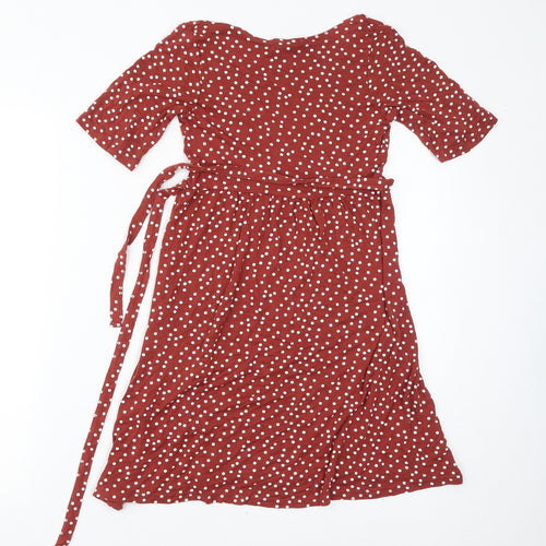 PRETTYLITTLETHING Womens Brown Polka Dot Viscose A-Line Size 8 V-Neck Tie