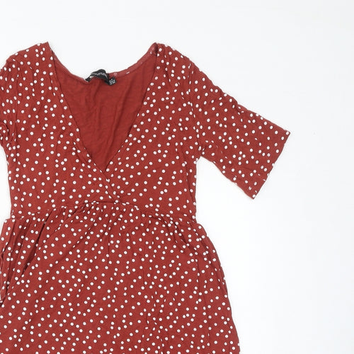 PRETTYLITTLETHING Womens Brown Polka Dot Viscose A-Line Size 8 V-Neck Tie