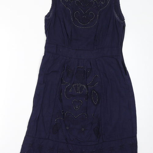 John Rocha Womens Blue Cotton A-Line Size 12 Round Neck Button - Beads