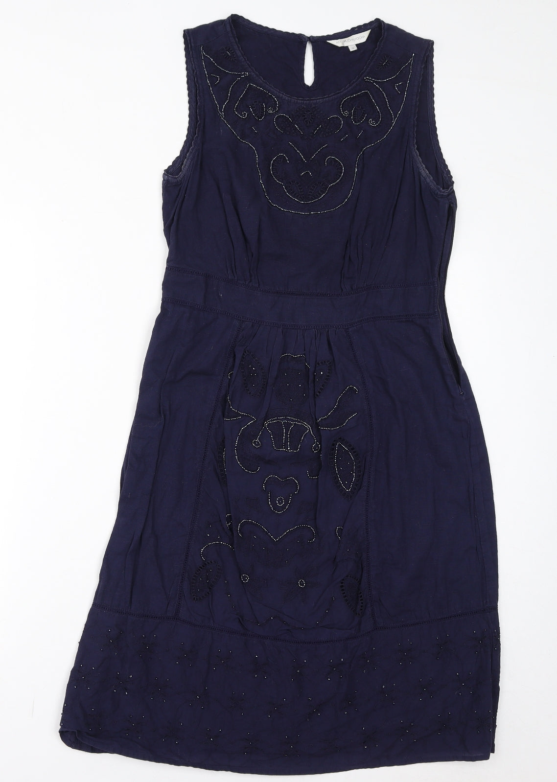 John Rocha Womens Blue Cotton A-Line Size 12 Round Neck Button - Beads