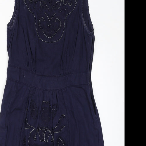 John Rocha Womens Blue Cotton A-Line Size 12 Round Neck Button - Beads