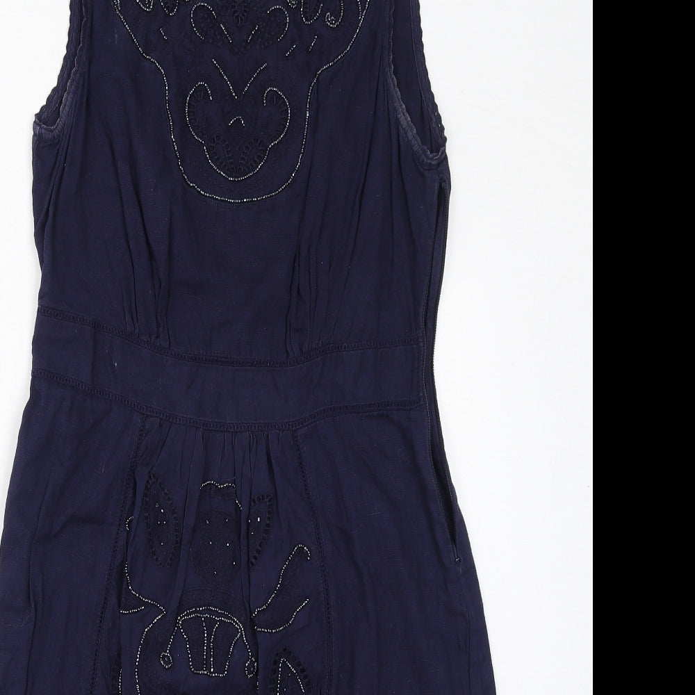 John Rocha Womens Blue Cotton A-Line Size 12 Round Neck Button - Beads