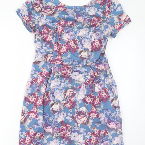 Oasis Womens Blue Floral Cotton Pencil Dress Size 10 Round Neck Zip