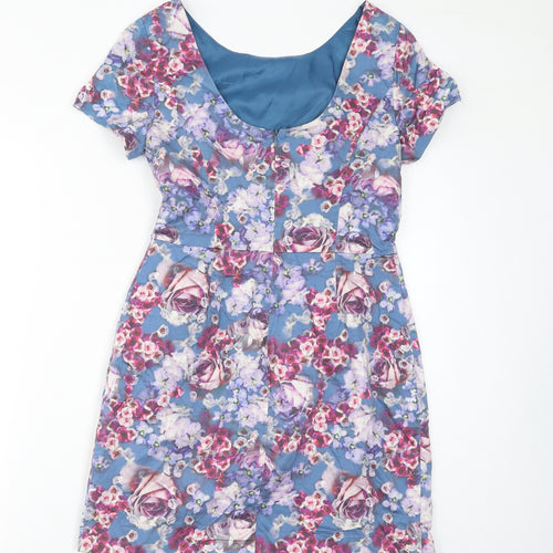 Oasis Womens Blue Floral Cotton Pencil Dress Size 10 Round Neck Zip