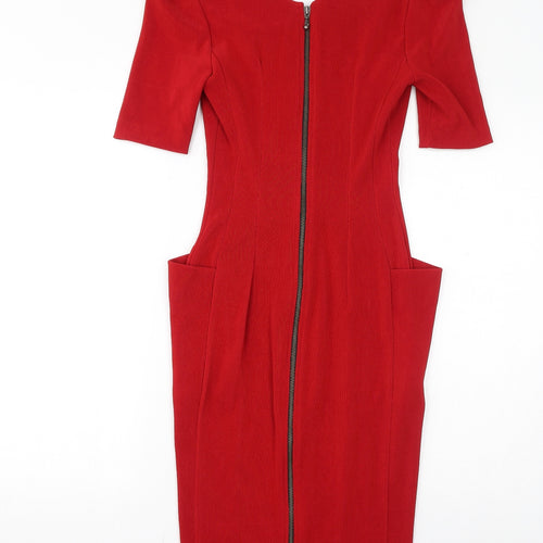 Catwalk Womens Red Viscose Bodycon Size S V-Neck Zip - Pockets