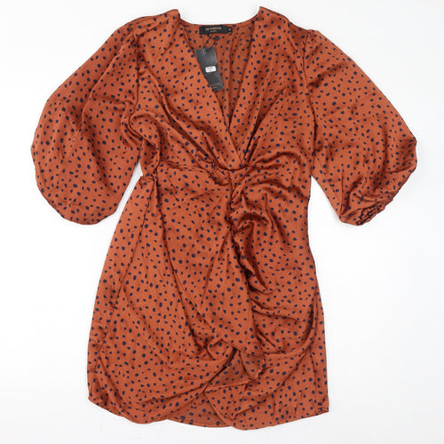 In Vogue Womens Brown Geometric Polyester Mini Size M V-Neck Pullover - Spots