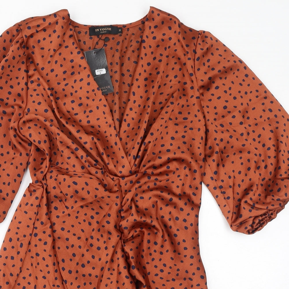In Vogue Womens Brown Geometric Polyester Mini Size M V-Neck Pullover - Spots