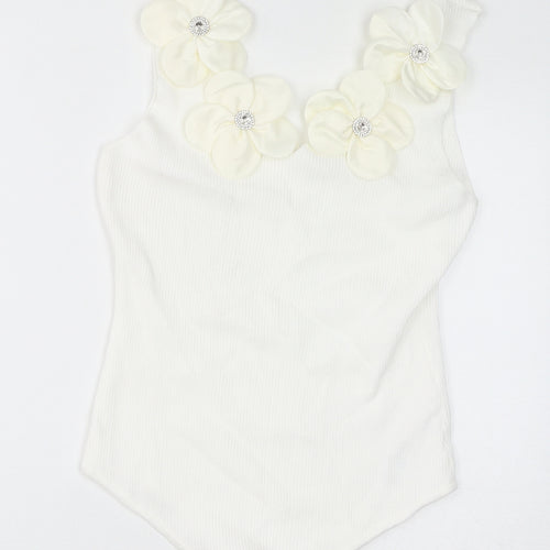 Quiz Womens White Viscose Bodysuit One-Piece Size L Button - Flowers